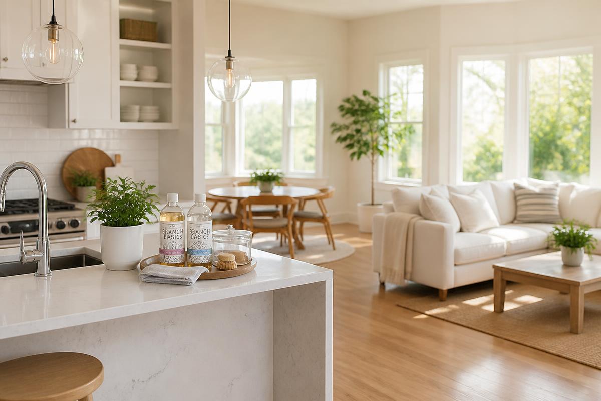 A bright, modern kitchen and living room freshly cleaned